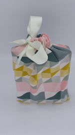 Load and play video in Gallery viewer, small fabric gift bag in vintage pattern, yellow, green and cream  
