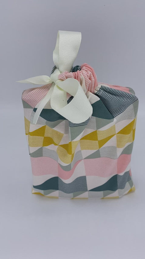 small fabric gift bag in vintage pattern, yellow, green and cream  