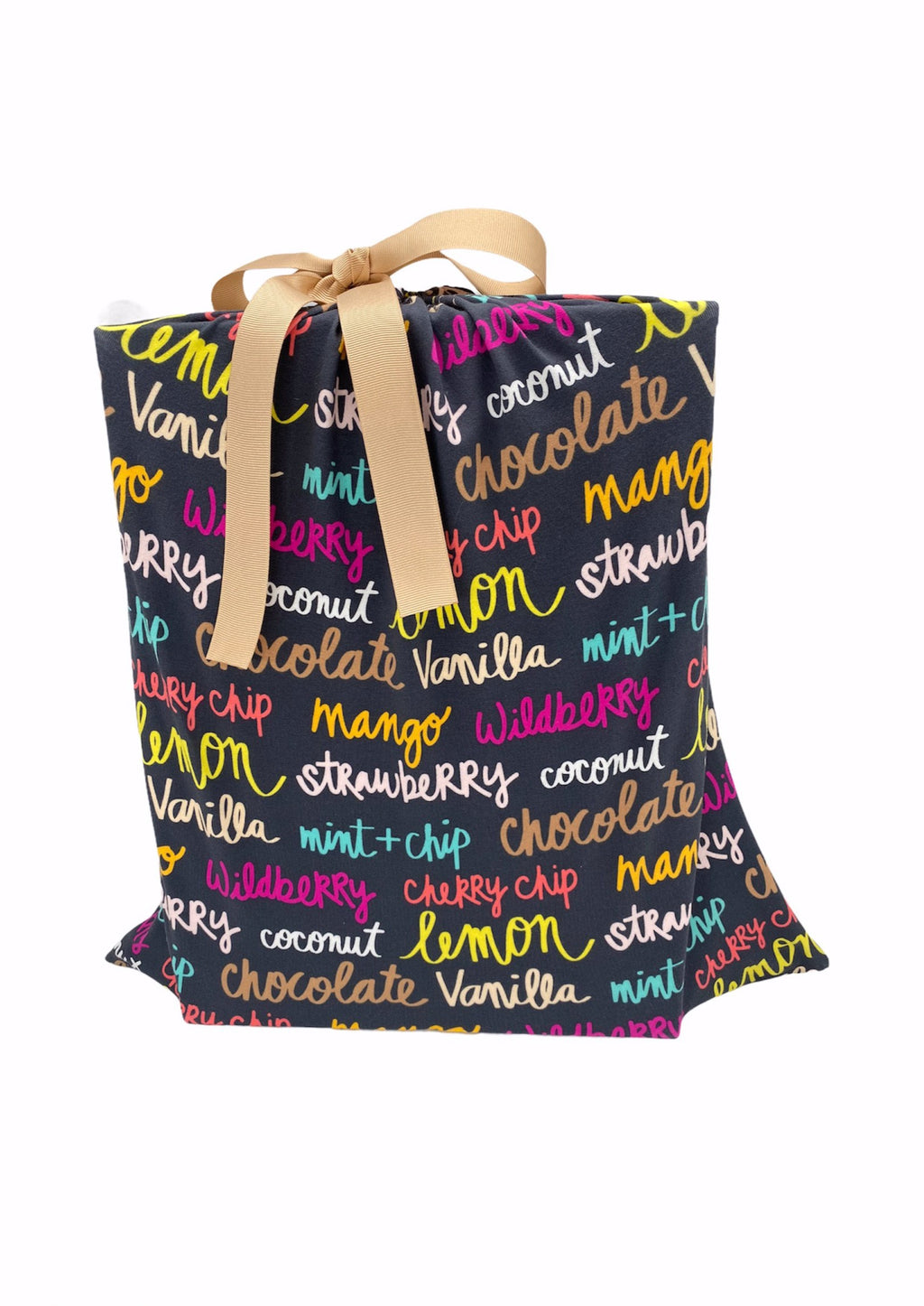 large sustainable and reusable fabric gift bag with colorful ice-cream names on it and a ribbon
