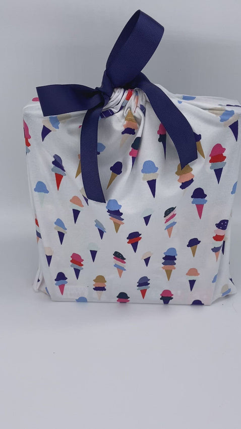 medium size fabric gift bag in ice-cream pattern with a ribbon  