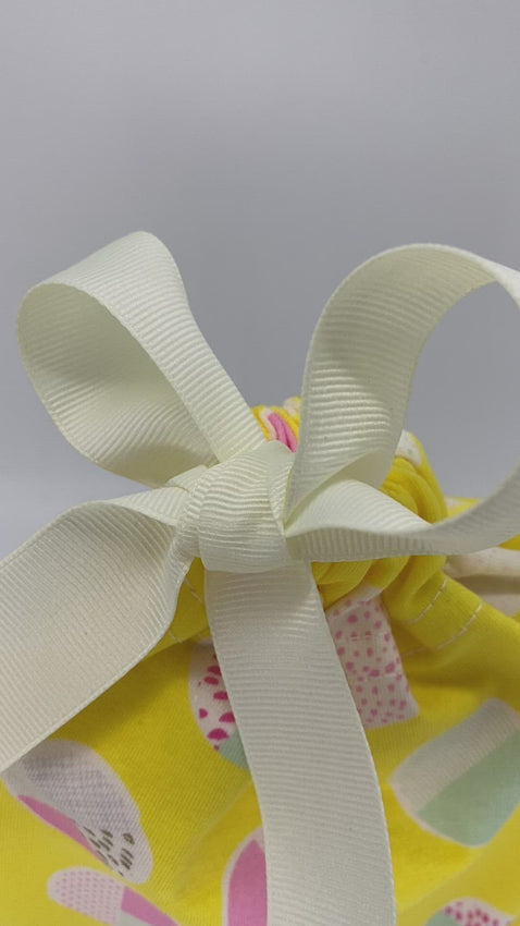 yellow and dots fabric gift bags with a ribbon in size small