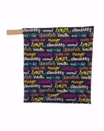 Load image into Gallery viewer, large sustainable and reusable fabric gift bag with colorful ice-cream names on it and a ribbon
