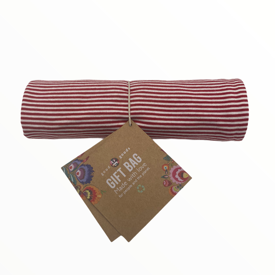 red and white stripes sustainable and reusable fabric gift bag in packaging
